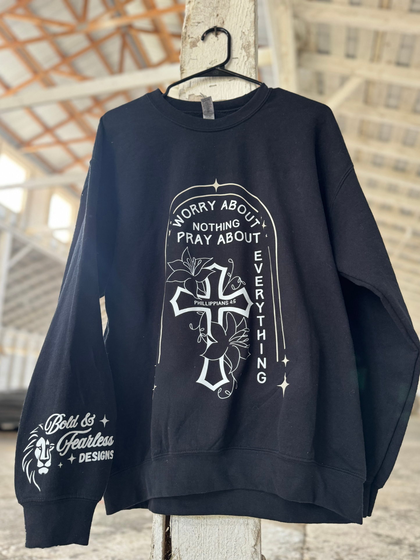 Philippians 4:6 Worry About Nothing Woman's Crewneck Black Sweatshirt