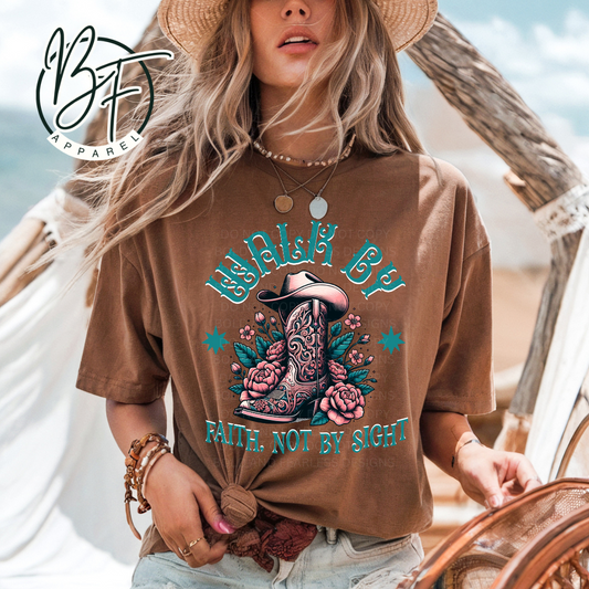 Western Walk by Faith Tee, Comfort Colors Tee, Christian, Gift, Cowgirl Boots Graphic